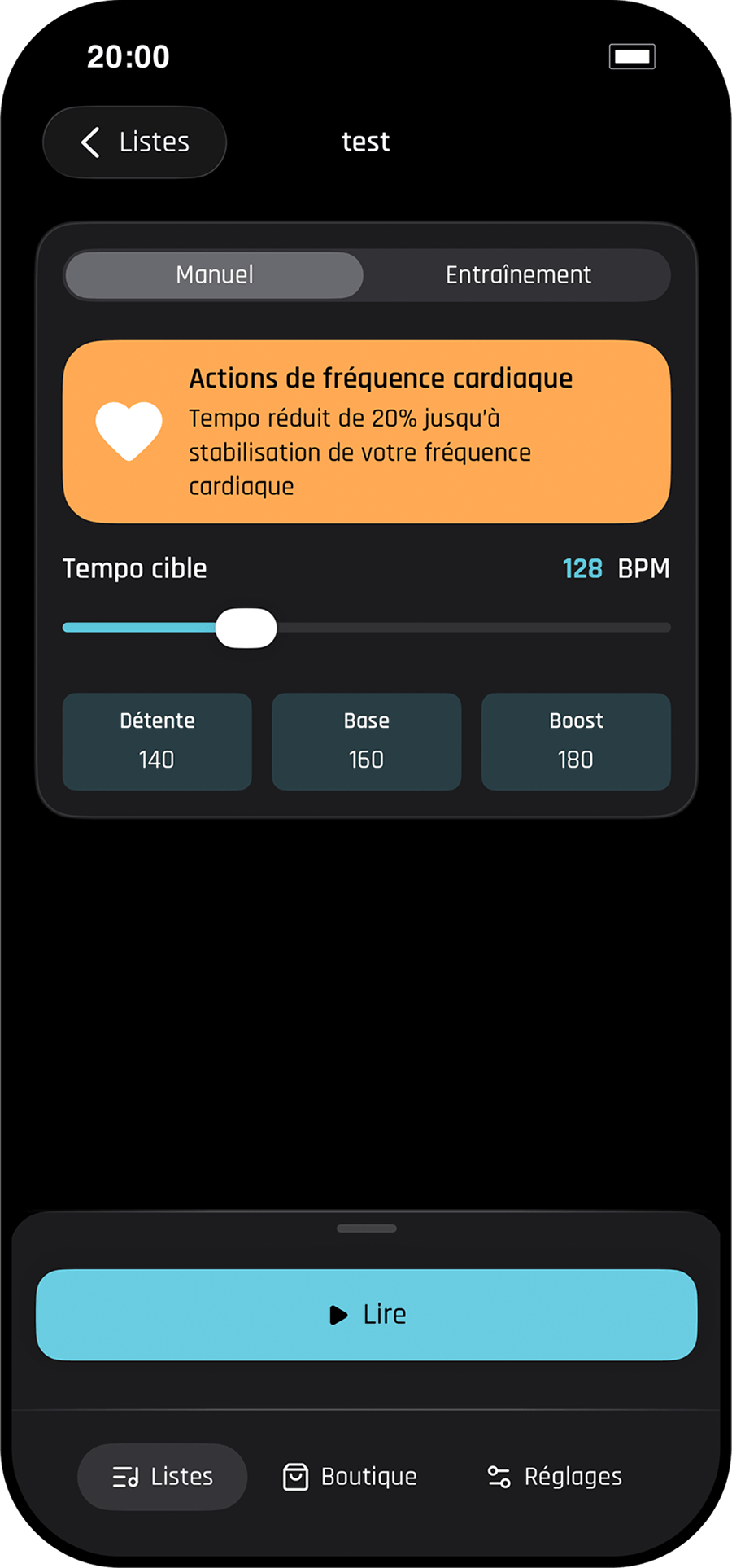 Capture d'écran Beatrunner Pro : Actions basées sur la fréquence cardiaque